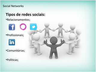 Social Networks
Tipos de redes sociais:
•Relacionamentos;
•Profissionais;
•Comunitárias;
•Políticas;
 