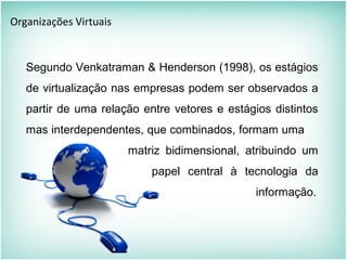 Organizações Virtuais
Segundo Venkatraman & Henderson (1998), os estágios
de virtualização nas empresas podem ser observados a
partir de uma relação entre vetores e estágios distintos
mas interdependentes, que combinados, formam uma
matriz bidimensional, atribuindo um
papel central à tecnologia da
informação.
 