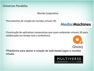 Universos Paralelos
Mundo Corporativo
•Ferramentas de criação de mundos virtuais 3D.
•Construção de aplicativos corporativos que usam ambientes virtuais 3D para
colaboração em tempo real e conferência.
•Plataforma para apoiar a criação de web-based jogos e mundos
virtuais.
 