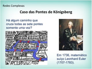 Caso das Pontes de Königsberg
Redes Complexas
Há algum caminho que
cruza todas as sete pontes
somente uma vez?
Em 1736, matemático
suíço Leonhard Euler
(1707-1783).
 