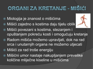  Miologija je znanost o mišićima
 Mišići zajedno s kostima daju tijelu oblik
 Mišići povezani s kostima, stezanjem i
opuštanjem pokreću kosti i omogućuju kretanje
 Radom mišića možemo upravljati, dok na rad
srca i unutarnjih organa ne možemo utjecati
 Mišići za rad troše energiju
 Mišićni umor nastaje nakupljanjem prevelike
količine mliječne kiseline u mišićima
 