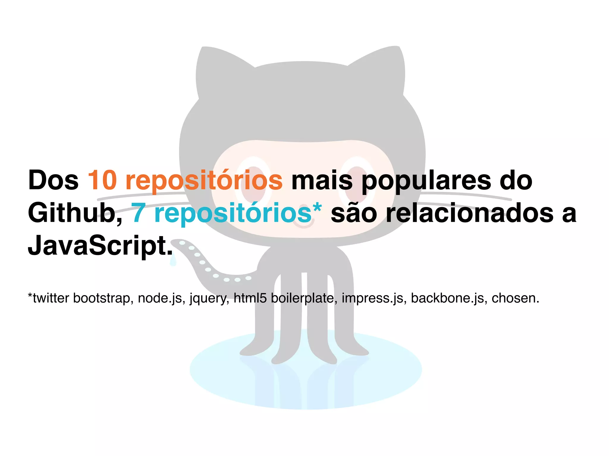 Dos 10 repositórios mais populares do
Github, 7 repositórios* são relacionados a
JavaScript.
*twitter bootstrap, node.js, jquery, html5 boilerplate, impress.js, backbone.js, chosen.
 