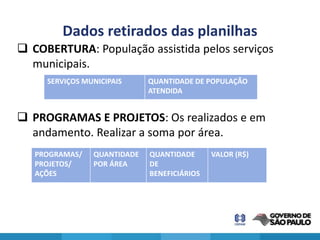 Dados retirados das planilhas
 COBERTURA: População assistida pelos serviços
  municipais.
     SERVIÇOS MUNICIPAIS     QUANTIDADE DE POPULAÇÃO
                             ATENDIDA


 PROGRAMAS E PROJETOS: Os realizados e em
  andamento. Realizar a soma por área.
   PROGRAMAS/   QUANTIDADE   QUANTIDADE      VALOR (R$)
   PROJETOS/    POR ÁREA     DE
   AÇÕES                     BENEFICIÁRIOS
 