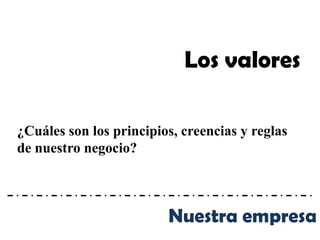 Los valores

¿Cuáles son los principios, creencias y reglas
de nuestro negocio?



                         Nuestra empresa
 