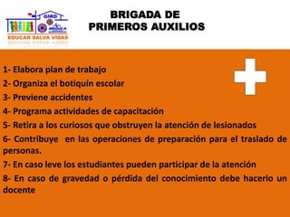1- Elabora plan de trabajo
2- Organiza el botiquín escolar
3- Previene accidentes
4- Programa actividades de capacitación
5- Retira a los curiosos que obstruyen la atención de lesionados
6- Contribuye en las operaciones de preparación para el traslado de
personas.
7- En caso leve los estudiantes pueden participar de la atención
8- En caso de gravedad o pérdida del conocimiento debe hacerlo un
docente
BRIGADA DE
PRIMEROS AUXILIOS
 