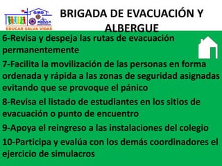 6-Revisa y despeja las rutas de evacuación
permanentemente
7-Facilita la movilización de las personas en forma
ordenada y rápida a las zonas de seguridad asignadas
evitando que se provoque el pánico
8-Revisa el listado de estudiantes en los sitios de
evacuación o punto de encuentro
9-Apoya el reingreso a las instalaciones del colegio
10-Participa y evalúa con los demás coordinadores el
ejercicio de simulacros
BRIGADA DE EVACUACIÓN Y
ALBERGUE
 