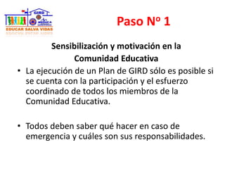 Paso No 1
Sensibilización y motivación en la
Comunidad Educativa
• La ejecución de un Plan de GIRD sólo es posible si
se cuenta con la participación y el esfuerzo
coordinado de todos los miembros de la
Comunidad Educativa.
• Todos deben saber qué hacer en caso de
emergencia y cuáles son sus responsabilidades.
 