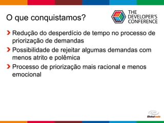 Globalcode – Open4education
O que conquistamos?
Redução do desperdício de tempo no processo de
priorização de demandas
Possibilidade de rejeitar algumas demandas com
menos atrito e polêmica
Processo de priorização mais racional e menos
emocional
 