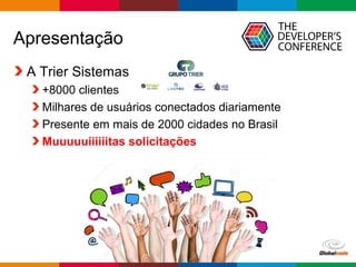 Globalcode – Open4education
Apresentação
A Trier Sistemas
+8000 clientes
Milhares de usuários conectados diariamente
Presente em mais de 2000 cidades no Brasil
Muuuuuiiiiiitas solicitações
 
