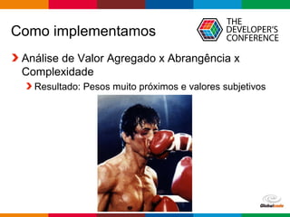 Globalcode – Open4education
Como implementamos
Análise de Valor Agregado x Abrangência x
Complexidade
Resultado: Pesos muito próximos e valores subjetivos
 