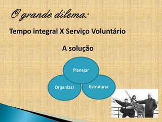 Tempo integral X Serviço Voluntário

                A solução

                     Planejar



             Organizar          Estruturar
 