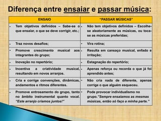 Diferença entre ensaiar e passar música:
                  ENSAIO                                     “PASSAR MÚSICAS”

    Tem objetivos definidos – Sabe-se o              Não tem objetivos definidos – Escolhe-
    que ensaiar, o que se deve corrigir, etc.;       se aleatoriamente as músicas, ou toca-
                                                     se as músicas preferidas;

    Traz novos desafios;                         •   Vira rotina;

•   Promove crescimento        musical    aos        Resulta em cansaço musical, enfado e
    integrantes do grupo;                            irritação;

    Inovação no repertório;                          Estagnação do repertório;

    Incentiva   a   criatividade  musical,           Apenas reforça ou recorda o que já foi
    resultando em novos arranjos.                    aprendido antes;

    Cria e corrige convenções, dinâmicas, •          Não cria nada de diferente, apenas
    andamentos e ritmos diferentes.                  corrige o que alguém esqueceu.

    Promove entrosamento do grupo, tanto •           Pode provocar individualismo no
    no âmbito instrumental quanto vocal.             grupo.”Sempre ensaiamos as mesmas
    “Este arranjo criamos juntos!”                   músicas, então só faço a minha parte.”
 