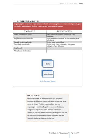 João António Vaz           | 2090895




    1- ESTRUTURA SIMPLES
Organizações pequenas, cuja característica é ser um negócio assente num só gestor, que
centraliza a tomada de decisão – um chefe e poucos empregados;

                VANTAGENS                                            DESVANTAGENS
Baixos custos operacionais                           Dificuldade de manter o controlo em caso
                                                     expansão
Amplas margens de controlo                           Em caso de aumento do nº de funcionários perde
                                                     eficiência
Baixa departamentalização                            Exige muita proximidade
Autoridade centralizada                              Exige muita visão, estratégia e liderança e
                                                     objectivos bem definidos
Simplicidade
Alta e barata flexibilidade




                                                   Gestor




                                               Subordinados



                                        fig. 8 - Estrutura Simples




                     ORGANIZAÇÃO
                     Grupo estruturado de pessoas reunido para atingir um
                     conjunto de objectivos que um indivíduo sozinho não seria
                     capaz de atingir. Também podemos dizer que uma
                     organização é a totalidade, parte ou combinação de uma
                     companhia, corporação, firma, empreendimento ou
                     instituição com funções ou administração própria, e com um
                     ou mais objectivos finais em comum, como é o caso dos
                     hospitais, indústrias, bancos, escolas, etc.




                                                        Actividade 3 – “Organização”   Pág. 12 de 17
 