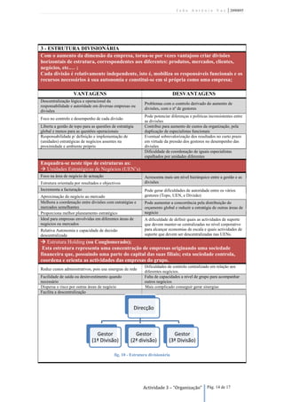 João António Vaz               | 2090895




3 - ESTRUTURA DIVISIONÁRIA
Com o aumento da dimensão da empresa, torna-se por vezes vantajoso criar divisões
horizontais de estrutura, correspondentes aos diferentes: produtos, mercados, clientes,
negócios, etc.… ;
Cada divisão é relativamente independente, isto é, mobiliza os responsáveis funcionais e os
recursos necessários à sua autonomia e constitui-se em si própria como uma empresa;

                   VANTAGENS                                                  DESVANTAGENS
Descentralização lógica e operacional da
                                                              Problemas com o controlo derivado do aumento de
responsabilidade e autoridade em diversas empresas ou
                                                              divisões, com o nº de gestores
divisões
                                                              Pode potenciar diferenças e politicas inconsistentes entre
Foco no controlo e desempenho de cada divisão
                                                              as divisões
Liberta a gestão de topo para as questões de estratégia       Contribui para aumento de custos da organização, pela
global e menos para as questões operacionais                  duplicação de especialistas funcionais
Responsabilidade p/ definição e implementação de              Eventual sobrevalorização dos resultados no curto prazo
(unidades) estratégicas de negócios assentes na               em virtude da pressão dos gestores no desempenho das
proximidade e ambiente próprio                                divisões
                                                              Dificuldade de coordenação de iguais especialistas
                                                              espalhados por unidades diferentes
Enquadra-se neste tipo de estruturas as:
 Unidades Estratégicas de Negócios (UEN’s)
Foco na área de negócio de actuação                           Acrescenta mais um nível hierárquico entre a gestão e as
Estrutura orientada por resultados e objectivos               divisões
Incrementa a facturação                                       Pode gerar dificuldades de autoridade entre os vários
Aproximação do negócio ao mercado                             gestores (Topo, UEN, e Divisão)
Melhora a coordenação entre divisões com estratégias e        Pode aumentar a concorrência pela distribuição do
mercados semelhantes                                          orçamento global e reduzir a estratégia de outras áreas de
Proporciona melhor planeamento estratégico                    negócio
Ideal para empresas envolvidas em diferentes áreas de         A dificuldade de definir quais as actividades de suporte
negócios ou mercados                                          que devem manter-se centralizadas no nível corporativo
Relativa Autonomia e capacidade de decisão                    para alcançar economias de escala e quais actividades de
descentralizada                                               suporte que devem ser descentralizadas nas UENs.
 Estrutura Holding (ou Conglomerado);
 Esta estrutura representa uma concentração de empresas originando uma sociedade
financeira que, possuindo uma parte do capital das suas filiais; esta sociedade controla,
coordena e orienta as actividades das empresas do grupo.
                                                              Dificuldades de controlo centralizado em relação aos
Reduz custos administrativos, pois usa sinergias da rede
                                                              diferentes negócios.
Facilidade de saída ou desinvestimento quando                 Falta de capacidades a nível de grupo para acompanhar
necessário                                                    outros negócios
Dispersa o risco por outras áreas de negócio                  Mais complicado conseguir gerar sinergias
Facilita a descentralização


                                                          Direcção



                                Gestor                 Gestor                 Gestor
                              (1ª Divisão)           (2ª divisão)           (3ª Divisão)

                                           fig. 10 - Estrutura divisionária




                                                             Actividade 3 – “Organização”          Pág. 14 de 17
 