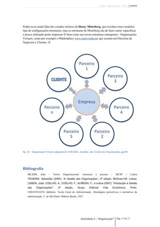 João António Vaz             | 2090895




Poder-se-ia ainda falar dos estudos teóricos de Henry Mintzberg, que revelam cinco modelos
tipo de configurações estruturais, mas as estruturas de Mintzberg são de facto muito específicas
e pouco utilizadas pelas empresas  bem como nas novas estruturas emergentes - Organizações
Virtuais, como por exemplo o Marketplace www.paravenda.net que assenta em Parcerias de
Negócios e Clientes. 




                                                   Parceiro
                                                      1
                                                                                Parceiro
                                                                                   3



                                                   Empresa
                   Parceiro                                                             Parceiro
                      n                                                                    4



                                     Parceiro                        Parceiro
                                        5                               2


fig. 14 - Organização Virtual, adaptado de COELHO, Arnaldo, Int. Gestão das Organizações, pp250




Bibliografia
    BILHIM,     João   –   Teoria    Organizacional:    estruturas   e    pessoas   –     ISCSP    –       Lisboa
    TEIXEIRA, Sebastião (2005); “A Gestão das Organizações”, 2ª edição, McGraw-Hill, Lisboa.
    LISBOA, João; COELHO, A.; COELHO, F.; ALMEIDA, F.; e outros (2007); "Introdução à Gestão
    das     Organizações",      2ª    edição,     Grupo       Editorial     Vida        Económica,         Porto.
    CHIAVENATO, Idalberto. Teoria Geral da Administração. Abordagens prescritivas e normativas da
    administração. 5. ed. São Paulo: Makron Books, 1997.




                                                       Actividade 3 – “Organização”        Pág. 17 de 17
 