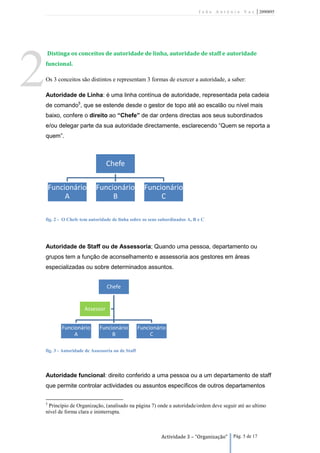 João António Vaz          | 2090895




    Distinga os conceitos de autoridade de linha, autoridade de staff e autoridade




2   funcional.

    Os 3 conceitos são distintos e representam 3 formas de exercer a autoridade, a saber:

    Autoridade de Linha: é uma linha contínua de autoridade, representada pela cadeia
    de comando5, que se estende desde o gestor de topo até ao escalão ou nível mais
    baixo, confere o direito ao “Chefe” de dar ordens directas aos seus subordinados
    e/ou delegar parte da sua autoridade directamente, esclarecendo “Quem se reporta a
    quem”.



                                  Chefe

        Funcionário          Funcionário              Funcionário
             A                    B                        C

    fig. 2 - O Chefe tem autoridade de linha sobre os seus subordinados A, B e C




    Autoridade de Staff ou de Assessoria; Quando uma pessoa, departamento ou
    grupos tem a função de aconselhamento e assessoria aos gestores em áreas
    especializadas ou sobre determinados assuntos.


                                  Chefe


                       Assessor


            Funcionário       Funcionário           Funcionário
                 A                 B                     C

    fig. 3 - Autoridade de Assessoria ou de Staff




    Autoridade funcional: direito conferido a uma pessoa ou a um departamento de staff
    que permite controlar actividades ou assuntos específicos de outros departamentos

    5
     Princípio de Organização, (analisado na página 7) onde a autoridade/ordem deve seguir até ao ultimo
    nível de forma clara e ininterrupta.



                                                             Actividade 3 – “Organização”   Pág. 5 de 17
 
