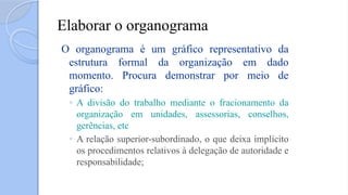 Elaborar o organograma
O organograma é um gráfico representativo da
estrutura formal da organização em dado
momento. Procura demonstrar por meio de
gráfico:
◦ A divisão do trabalho mediante o fracionamento da
organização em unidades, assessorias, conselhos,
gerências, etc
◦ A relação superior-subordinado, o que deixa implícito
os procedimentos relativos à delegação de autoridade e
responsabilidade;
 