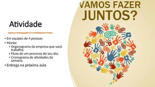 Atividade
• Em equipes de 4 pessoas
• Monte:
• Organograma da empresa que você
trabalha;
• Fluxo de um processo do seu dia;
• Cronograma de atividades da
semana.
• Entrega na próxima aula
 
