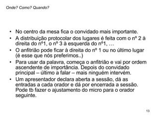 No centro da mesa fica o convidado mais importante.  A distribuição protocolar dos lugares é feita com o nº 2 à direita do nº1, o nº 3 à esquerda do nº1, … O anfitrião pode ficar à direita do nº 1 ou no último lugar (é esse que nós preferimos..) Para usar da palavra, começa o anfitrião e vai por ordem ascendente de importância. Depois do convidado principal – último a falar – mais ninguém intervém.  Um apresentador declara aberta a sessão, dá as entradas a cada orador e dá por encerrada a sessão. Pode tb fazer o ajustamento do micro para o orador seguinte.  Onde? Como? Quando? 