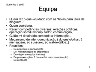 Equipa Quem faz o quê –cuidado com as “bolas para terra de ninguém..” Quem coordena.  Reunir competências diversas: relações públicas, operação som/luz/computador, comunicação,..  Guião mt detalhado com toda a informação.. Mecanismo de inter-comunicação ( do gesto/olhar, à mensagem, ao sussurro, ao walkie-talkie..)  Reuniões:   De arranque e planeamento De  monitorização da preparação De véspera (ensaios / testes) De pré-execução ( 1 hora antes inicio da operação) De avaliação Quem faz o quê? 