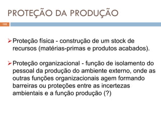 PROTEÇÃO DA PRODUÇÃO
132
Proteção física - construção de um stock de
recursos (matérias-primas e produtos acabados).
Proteção organizacional - função de isolamento do
pessoal da produção do ambiente externo, onde as
outras funções organizacionais agem formando
barreiras ou proteções entre as incertezas
ambientais e a função produção (?)
 
