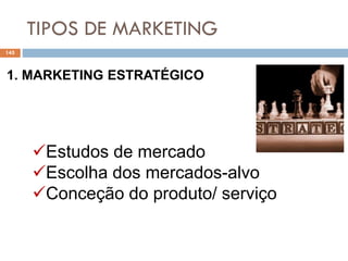 TIPOS DE MARKETING
145
1. MARKETING ESTRATÉGICO
Estudos de mercado
Escolha dos mercados-alvo
Conceção do produto/ serviço
 