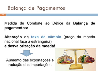 Balança de Pagamentos
185
Medida de Combate ao Défice da Balança de
pagamentos:
Alteração da taxa de câmbio (preço da moeda
nacional face à estrangeira)
e desvalorização da moeda!
Aumento das exportações e
redução das importações
 