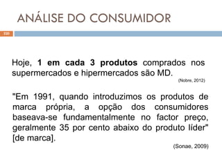 ANÁLISE DO CONSUMIDOR
220
Hoje, 1 em cada 3 produtos comprados nos
supermercados e hipermercados são MD.
(Nobre, 2012)
"Em 1991, quando introduzimos os produtos de
marca própria, a opção dos consumidores
baseava-se fundamentalmente no factor preço,
geralmente 35 por cento abaixo do produto líder"
[de marca].
(Sonae, 2009)
 