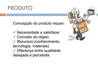 PRODUTO
29 08/03/2019
Concepção do produto requer:
 Necessidade a satisfazer
 Conceito do objeto
 Recursos (conhecimento,
tecnologia, materiais)
 Diferença entre qualidade
desejada e percebida
 