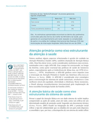 102
Qualificação de Gestores do SUS
Atenção primária como eixo estruturante
da atenção à saúde
Vamos analisar alguns aspectos relacionados à gestão do cuidado na
Atenção Primária à Saúde (APS), também chamada de Atenção Básica
(AB). Para fins deste texto, serão considerados sinônimos estes termos,
nominados com a sigla APS/AB. Este campo foi estruturado, ao longo
da história, como parte essencial das políticas de saúde de inúmeros
países, especialmente após a Conferência de Alma-Ata, em 1978 (Con-
ferência..., 1979). Atualmente a APS/AB ganhou novo impulso com
a renovação da Atenção Primária à Saúde nas Américas (Organização
Mundial da Saúde, 2008). A APS/AB é considerada eixo estratégico
para a estruturação de sistemas de saúde universais, resolutivos e com
melhores níveis de equidade, efetividade e eficiência. Neste momento,
o Brasil alcança reconhecimento internacional pela implantação da
bem-sucedida Estratégia Saúde da Família (ESF).
A atenção básica de saúde como eixo
estruturante do sistema de saúde
Pensar o papel da Atenção Básica em um dado sistema de saúde implica
compreender as ações de saúde, antes de tudo, como um reflexo de um
determinado modelo de proteção social. Segundo um documento técnico
(Conill; Fausto, 2007) focado na integração da APS, a proteção social
reflete o tipo de solidariedade que os cidadãos de um país estão dispostos
a consolidar e que, por isso, o desempenho de um sistema de saúde reflete
Leia a reportagem
“Brasil é exemplo
na atenção básica
à saúde, diz OMS”, que
enfoca a atenção básica à
saúde no Brasil, publicada
pela BBC Brasil, em 14 de
outubro de 2008. A matéria
encontra-se em http://www.
bbc.co.uk/portuguese/
reporterbbc/
story/2008/10/081014_
omsrelatoriosaude_np.shtml
Se você quiser conhecer o
teor integral do relatório
anual da OMS – “Primary
Health Care-Now More Than
Ever” –, acesse os sites:
•	http://www.mcsp.min-
saude.pt/Imgs/content/
page_123/whr08_en.pdf
(versão em inglês).
•		http://www.who.int/
whr/2008/whr08_pr.pdf
(versão em português).
Estimativa do tipo “desfecho/finalização” do processo gestacional,
segundo complexidade
Desfecho Baixo risco Alto risco
Parto normal 83% 57%
Cesárea 15% 35%
Outros procedimentos obstétricos 2% 8%
Obs.: As estimativas apresentadas encontram-se dentro dos parâmetros
construídos pela área técnica da mulher do Ministério da Saúde, para
gestantes em acompanhamento pré-natal, baseado na complexidade
do parto e na análise do Catálogo Internacional das Doenças (CID) das
Autorizações de Internação Hospitalar (AIHs) Brasil do ano de 2004.
 