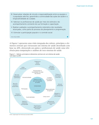 107
Organização da atenção
III. Desenvolver relações de vínculo e responsabilização entre as equipes e
a população adscrita, garantindo a continuidade das ações de saúde e a
longitudinalidade do cuidado.
IV. Valorizar os profissionais de saúde por meio do estímulo e do
acompanhamento constante de sua formação e capacitação.
V. Realizar avaliação e acompanhamento sistemático dos resultados
alcançados, como parte do processo de planejamento e programação.
VI. Estimular a participação popular e o controle social.
Fonte: Brasil (2006).
A Figura 1 apresenta uma visão integrada dos valores, princípios e ele-
mentos centrais que estruturam um sistema de saúde desenhado com
base na APS, oferecendo aos países e profissionais de saúde uma refe-
rência para comparações e análises de seus sistemas de saúde.
Figura 1 – Valores, princípios e elementos centrais em um sistema de saúde
com base na APS
Fonte: Organização Pan-Americana da Saúde (2005).
 