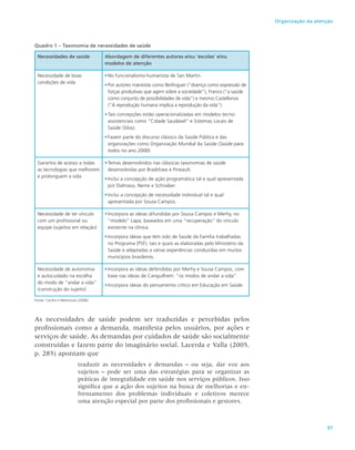 97
Organização da atenção
Quadro 1 – Taxonomia de necessidades de saúde
Necessidades de saúde Abordagem de diferentes autores e/ou ‘escolas’ e/ou
modelos de atenção
Necessidade de boas
condições de vida
•	No funcionalismo-humanista de San Martin.
•	Por autores marxistas como Berlinguer (“doença como expressão de
forças produtivas que agem sobre a sociedade”), Franco (“a saúde
como conjunto de possibilidades de vida”) e mesmo Castellanos
(“A reprodução humana implica a reprodução da vida”).
•		Tais concepções estão operacionalizadas em modelos tecno-
assistenciais como “Cidade Saudável” e Sistemas Locais de
Saúde (Silos).
•		
Fazem parte do discurso clássico da Saúde Pública e das
organizações como Organização Mundial da Saúde (Saúde para
todos no ano 2000).
Garantia de acesso a todas
as tecnologias que melhorem
e prolonguem a vida
•	Temas desenvolvidos nas clássicas taxonomias de saúde
desenvolvidas por Bradshaw e Pineault.
•	Inclui a concepção de ação programática tal e qual apresentada
por Dalmaso, Neme e Schraiber.
•	Inclui a concepção de necessidade individual tal e qual
apresentada por Sousa Campos.
Necessidade de ter vínculo
com um profissional ou
equipe (sujeitos em relação)
•	Incorpora as ideias difundidas por Sousa Campos e Merhy, no
“modelo” Lapa, baseados em uma “recuperação” do vínculo
existente na clínica.
•	Incorpora ideias que têm sido de Saúde da Família trabalhadas
no Programa (PSF), tais e quais as elaboradas pelo Ministério da
Saúde e adaptadas a várias experiências conduzidas em muitos
municípios brasileiros.
Necessidade de autonomia
e autocuidado na escolha
do modo de “andar a vida”
(construção do sujeito)
•	Incorpora as ideias defendidas por Merhy e Sousa Campos, com
base nas ideias de Canguilhem: “os modos de andar a vida”.
•		Incorpora ideias do pensamento crítico em Educação em Saúde.
Fonte: Cecílio e Matsmuto (2006).
As necessidades de saúde podem ser traduzidas e percebidas pelos
profissionais como a demanda, manifesta pelos usuários, por ações e
serviços de saúde. As demandas por cuidados de saúde são socialmente
construídas e fazem parte do imaginário social. Lacerda e Valla (2005,
p. 285) apontam que
traduzir as necessidades e demandas – ou seja, dar voz aos
sujeitos – pode ser uma das estratégias para se organizar as
práticas de integralidade em saúde nos serviços públicos. Isso
significa que a ação dos sujeitos na busca de melhorias e en-
frentamento dos problemas individuais e coletivos merece
uma atenção especial por parte dos profissionais e gestores.
 