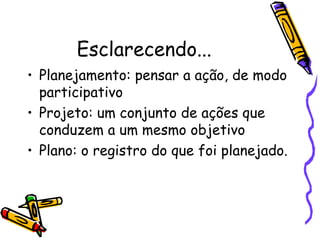 Esclarecendo...
• Planejamento: pensar a ação, de modo
participativo
• Projeto: um conjunto de ações que
conduzem a um mesmo objetivo
• Plano: o registro do que foi planejado.
 