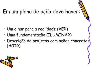 Em um plano de ação deve haver:
• Um olhar para a realidade (VER)
• Uma fundamentação (ILUMINAR)
• Descrição de projetos com ações concretas
(AGIR)
 