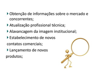 Obtenção de informações sobre o mercado e
concorrentes;
Atualização profissional técnica;
Alavancagem da imagem institucional;
Estabelecimento de novos
contatos comerciais;
Lançamento de novos
produtos;
 