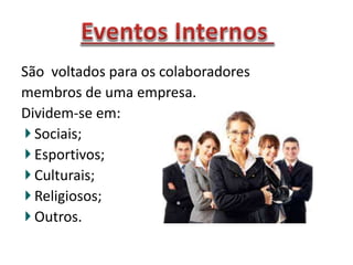 São voltados para os colaboradores
membros de uma empresa.
Dividem-se em:
Sociais;
Esportivos;
Culturais;
Religiosos;
Outros.
 