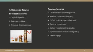 7. Afetação de Recursos
Recursos financeiros:
 Capital disponível;
 Despesas a efetuar;
 Fontes de financiamento;
Recursos humanos
 Determinar necessidade pessoal;
 Analisar e descrever funções;
 Definir políticas e procedimentos;
 Elaborar orçamento;
 Efetuar recrutamento e seleção;
 Supervisionar e avaliar desempenho;
 Formar equipa.
CET- Secretariado e Assessoria Administrativa ‹#›
 