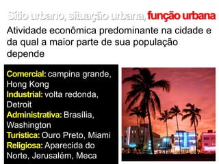 Sítiourbano,situaçãourbana,funçãourbana
Atividade econômica predominante na cidade e
da qual a maior parte de sua população
depende
Comercial: campina grande,
Hong Kong
Industrial: volta redonda,
Detroit
Administrativa: Brasília,
Washington
Turística: Ouro Preto, Miami
Religiosa: Aparecida do
Norte, Jerusalém, Meca
 