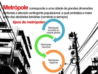 Metrópolecorresponde a uma cidade de grandes dimensões
territoriais e elevado contingente populacional, a qual centraliza a maior
parte das atividades terciárias (comércio e serviços)
tipos de metrópoles
Metrópole
mundial ou
cidade global
Metrópole
nacional
Metrópole
regional
 