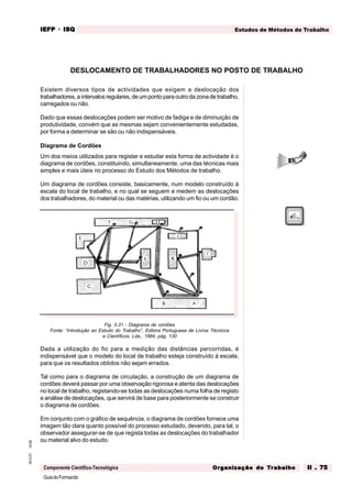 GuiadoFormando
Ut.02
M.O.01
Componente Científico-Tecnológica
Estudos de Métodos de Trabalho
IEFP
IEFP
IEFP
IEFP
IEFP · ISQ
ISQ
ISQ
ISQ
ISQ
Or
Or
Or
Or
Org
g
g
g
ganização do
anização do
anização do
anização do
anização do T
T
T
T
Tr
r
r
r
ra
a
a
a
abalho
balho
balho
balho
balho II . 75
II . 75
II . 75
II . 75
II . 75
Existem diversos tipos de actividades que exigem a deslocação dos
trabalhadores, a intervalos regulares, de um ponto para outro da zona de trabalho,
carregados ou não.
Dado que essas deslocações podem ser motivo de fadiga e de diminuição de
produtividade, convém que as mesmas sejam convenientemente estudadas,
por forma a determinar se são ou não indispensáveis.
Diagrama de Cordões
Um dos meios utilizados para registar e estudar esta forma de actividade é o
diagrama de cordões, constituindo, simultaneamente, uma das técnicas mais
simples e mais úteis no processo do Estudo dos Métodos de trabalho.
Um diagrama de cordões consiste, basicamente, num modelo construído à
escala do local de trabalho, e no qual se seguem e medem as deslocações
dos trabalhadores, do material ou das matérias, utilizando um fio ou um cordão.
Fig. II.31 - Diagrama de cordões
Fonte: “Introdução ao Estudo do Trabalho”, Editora Portuguesa de Livros Técnicos
e Científicos, Lda., 1984, pág. 130
Dada a utilização do fio para a medição das distâncias percorridas, é
indispensável que o modelo do local de trabalho esteja construído à escala,
para que os resultados obtidos não sejam errados.
Tal como para o diagrama de circulação, a construção de um diagrama de
cordões deverá passar por uma observação rigorosa e atenta das deslocações
no local de trabalho, registando-se todas as deslocações numa folha de registo
e análise de deslocações, que servirá de base para posteriormente se construir
o diagrama de cordões.
Em conjunto com o gráfico de sequência, o diagrama de cordões fornece uma
imagem tão clara quanto possível do processo estudado, devendo, para tal, o
observador assegurar-se de que regista todas as deslocações do trabalhador
ou material alvo do estudo.
DESLOCAMENTO DE TRABALHADORES NO POSTO DE TRABALHO
 