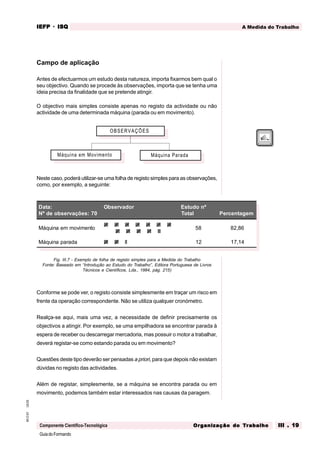 GuiadoFormando
Ut.03
M.O.01
Componente Científico-Tecnológica
A Medida do Trabalho
IEFP
IEFP
IEFP
IEFP
IEFP · ISQ
ISQ
ISQ
ISQ
ISQ
Or
Or
Or
Or
Org
g
g
g
ganização do
anização do
anização do
anização do
anização do T
T
T
T
Tr
r
r
r
ra
a
a
a
abalho
balho
balho
balho
balho III . 19
III . 19
III . 19
III . 19
III . 19
Campo de aplicação
Antes de efectuarmos um estudo desta natureza, importa fixarmos bem qual o
seu objectivo. Quando se procede às observações, importa que se tenha uma
ideia precisa da finalidade que se pretende atingir.
O objectivo mais simples consiste apenas no registo da actividade ou não
actividade de uma determinada máquina (parada ou em movimento).
Neste caso, poderá utilizar-se uma folha de registo simples para as observações,
como, por exemplo, a seguinte:
Máquina em Movimento Máquina Parada
OBSERVAÇÕES
Fig. III.7 - Exemplo de folha de registo simples para a Medida do Trabalho
Fonte: Baseado em “Introdução ao Estudo do Trabalho”, Editora Portuguesa de Livros
Técnicos e Científicos, Lda., 1984, pág. 215)
Conforme se pode ver, o registo consiste simplesmente em traçar um risco em
frente da operação correspondente. Não se utiliza qualquer cronómetro.
Realça-se aqui, mais uma vez, a necessidade de definir precisamente os
objectivos a atingir. Por exemplo, se uma empilhadora se encontrar parada à
espera de receber ou descarregar mercadoria, mas possuir o motor a trabalhar,
deverá registar-se como estando parada ou em movimento?
Questões deste tipo deverão ser pensadas a priori, para que depois não existam
dúvidas no registo das actividades.
Além de registar, simplesmente, se a máquina se encontra parada ou em
movimento, podemos também estar interessados nas causas da paragem.
Data:
Nº de observações: 70
Observador Estudo nº
Total Percentagem
Máquina em movimento
IIII IIII IIII IIII IIII IIII IIII
IIII IIII IIII IIII III
58 82,86
Máquina parada IIII IIII II 12 17,14
 