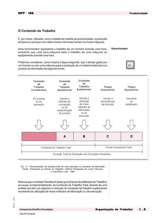 GuiadoFormando
Ut.01
M.O.01
Componente Científico-Tecnológica
Produtividade
IEFP
IEFP
IEFP
IEFP
IEFP · ISQ
ISQ
ISQ
ISQ
ISQ
Or
Or
Or
Or
Org
g
g
g
ganização do
anização do
anização do
anização do
anização do T
T
T
T
Tr
r
r
r
ra
a
a
a
abalho
balho
balho
balho
balho I . 6
I . 6
I . 6
I . 6
I . 6
O Conteúdo do Trabalho
É, por vezes, utilizada, como unidade de medida da produtividade, a produção
de bens ou serviços num dado número de horas-homem ou horas-máquina.
Uma hora-homem representa o trabalho de um homem durante uma hora,
enquanto que uma hora-máquina será o trabalho de uma máquina ou
equipamento durante uma hora.
Podemos considerar, como mostra a figura seguinte, que o tempo gasto por
um homem ou por uma máquina para a produção de um determinado bem ou
produto se decompõe da seguinte forma:
Hora-homem
A
C onteúdo
de
Tra balho
Fun dam ental
D o produ to
ou d a
op eração
C onteúdo
de
Tra balho
Suplem en tar
D evido a
de fe ito s de
concep çã o
ou d e
espe cificação
do p ro duto
C onteúdo
de
Tra balho
Suplem en tar
D evido à
utilização
de m aus
m é to dos de
fabricação
ou d e
execução
Te mp o
Im produtivo
D evido a
insuficiências
da d ire cção
Te mp o
Im produtivo
Im pu tá ve l
ao
tra balh ado r
B C D
C onteú do de T rab alho T otal Te m po Im produ tivo To ta l
D uração Total da O peração n as C on dições Existe ntes
Fig. I.2 - Decomposição da duração total de uma operação ou processo de fabricação
Fonte: “Introdução ao Estudo do Trabalho”, Editora Portuguesa de Livros Técnicos
e Científicos, Lda., 1984
Note-se que a Unidade Temática II deste guia (Estudo dos Métodos de Trabalho)
se ocupa, fundamentalmente, do Conteúdo de Trabalho Total, através de uma
análise que tem por objectivo a redução do conteúdo de trabalho suplementar
resultante da utilização de maus métodos de fabricação ou de execução.
 