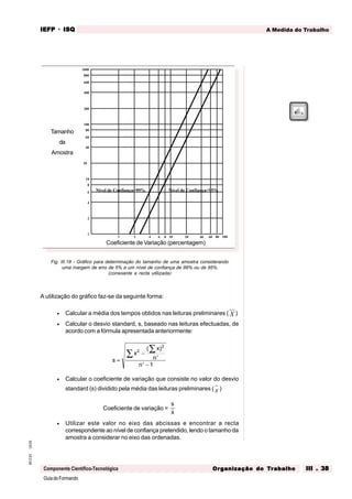 GuiadoFormando
Ut.03
M.O.01
Componente Científico-Tecnológica
A Medida do Trabalho
IEFP
IEFP
IEFP
IEFP
IEFP · ISQ
ISQ
ISQ
ISQ
ISQ
Or
Or
Or
Or
Org
g
g
g
ganização do
anização do
anização do
anização do
anização do T
T
T
T
Tr
r
r
r
ra
a
a
a
abalho
balho
balho
balho
balho III . 38
III . 38
III . 38
III . 38
III . 38
Fig. III.19 - Gráfico para determinação do tamanho de uma amostra considerando
uma margem de erro de 5% e um nível de confiança de 99% ou de 95%
(consoante a recta utilizada)
A utilização do gráfico faz-se da seguinte forma:
• Calcular a média dos tempos obtidos nas leituras preliminares ( X )
• Calcular o desvio standard, s, baseado nas leituras efectuadas, de
acordo com a fórmula apresentada anteriormente:
s
x
x
n
n
=
−
′
′ −
∑
∑ 2
2
1
( )
• Calcular o coeficiente de variação que consiste no valor do desvio
standard (s) dividido pela média das leituras preliminares ( x )
Coeficiente de variação =
s
x
• Utilizar este valor no eixo das abcissas e encontrar a recta
correspondente ao nível de confiança pretendido, lendo o tamanho da
amostra a considerar no eixo das ordenadas.
1 2 4 6 8 10 20 40 60 80 100
1
2
4
6
8
10
20
40
60
80
100
200
400
600
800
1000
Nível de Confiança=99% Nível de Confiança=95%
Tamanho
da
Amostra
Coeficiente de Variação (percentagem)
 