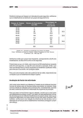 GuiadoFormando
Ut.03
M.O.01
Componente Científico-Tecnológica
A Medida do Trabalho
IEFP
IEFP
IEFP
IEFP
IEFP · ISQ
ISQ
ISQ
ISQ
ISQ
Or
Or
Or
Or
Org
g
g
g
ganização do
anização do
anização do
anização do
anização do T
T
T
T
Tr
r
r
r
ra
a
a
a
abalho
balho
balho
balho
balho III . 46
III . 46
III . 46
III . 46
III . 46
Dividindo os tempos por classes com intervalos de quatro segundos, verificamos
que os trabalhadores se distribuem por grupos da seguinte forma:
Quadro III.4 - Exemplos de distribuição dos tempos de trabalho
Fonte: “Introdução ao Estudo do Trabalho”, Editora Portuguesa de Livros Técnicos
e Científicos, Lda., 1984, pág. 253
Verificamos então que o grupo mais importante, correspondente a 32,8% dos
trabalhadores, se situa entre os 46 e os 50 segundos.
Poderá dizer-se que, em média, este conjunto de 500 trabalhadores necessita
entre 46 e 50 segundos, ou seja 48, para executar a operação. Então, quer
dizer que 48 segundos é o tempo necessário ao trabalhador qualificado médio
para executar a sua tarefa, nas condições dadas.
Para uma outra empresa, este valor poderá já não ser válido, dependendo das
condições a que os trabalhadores estejam sujeitos.
Avaliação do factor de actividade
Já foi várias vezes referido que a Medida do Trabalho servia sobretudo para fixar
normas de tempos para as diversas tarefas executadas na empresa. Estas
normas poderão ser utilizadas para numerosos fins, nomeadamente, servindo
de base a sistemas de prémios e elaboração de programas de produção.
Para que estas normas tenham alguma utilidade, convém que a maior parte
dos trabalhadores as possam cumprir. Com efeito, de nada adiantará fixar normas
tão elevadas que só os melhores trabalhadores as possam atingir, dado que os
programas elaborados com base nessas normas não serão cumpridos. Pelo
contrário, verificar-se-á uma redução da eficiência da mão-de-obra, com a
aplicação de normas que até os trabalhadores mais lentos conseguem cumprir
sem esforço.
Classes de Tempos
(Segundos)
Número de Executantes
(em 500)
Percentagem do
número de
executantes
30-34
34-38
38-42
42-46
4
16
38
104
0,8
3,2
7,6
20,8
32,4
46-50 164 32,8 32,8
50-54
54-58
58-62
62-66
113
48
11
2
22,6
9,6
2,2
0,4
34,8
500 100,0
 