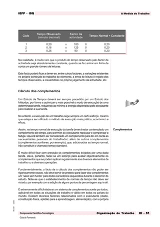 GuiadoFormando
Ut.03
M.O.01
Componente Científico-Tecnológica
A Medida do Trabalho
IEFP
IEFP
IEFP
IEFP
IEFP · ISQ
ISQ
ISQ
ISQ
ISQ
Or
Or
Or
Or
Org
g
g
g
ganização do
anização do
anização do
anização do
anização do T
T
T
T
Tr
r
r
r
ra
a
a
a
abalho
balho
balho
balho
balho III . 51
III . 51
III . 51
III . 51
III . 51
Na realidade, é muito raro que o produto do tempo observado pelo factor de
actividade seja absolutamente constante, quando se faz entrar em linha de
conta um grande número de leituras.
Este facto poderá ficar a dever-se, entre outros factores, a variações existentes
no próprio conteúdo de trabalho do elemento, a erros de leitura e registo dos
tempos observados, a inexactidões no próprio julgamento da actividade, etc.
Cálculo dos complementos
Um Estudo de Tempos deverá ser sempre precedido por um Estudo dos
Métodos, por forma a optimizar o mais possível o modo de execução de uma
determinada tarefa, reduzindo ao mínimo a energia dispendida pelo executante
para realizar a sua tarefa.
No entanto, a execução de um trabalho exige sempre um certo esforço, mesmo
que esteja a ser utilizado o método de execução mais prático, económico e
eficaz.
Assim, no tempo normal de execução da tarefa deverá estar contemplado um
complemento de tempo, para permitir ao executante repousar e compensar a
fadiga. Deverá também ser considerado um complemento para ter em conta as
necessidades pessoais do trabalhador, além de outros complementos
(complementos auxiliares, por exemplo), que, adicionados ao tempo normal,
irão constituir o chamado tempo standard.
É muito difícil fixar com precisão os complementos exigidos por uma dada
tarefa. Deve, portanto, fazer-se um esforço para avaliar objectivamente os
complementos que se podem aplicar regularmente aos diversos elementos de
trabalho ou a diversas operações.
Fundamentalmente, o facto de o cálculo dos complementos não poder ser
rigorosamente exacto, não deve servir de pretexto para fazer dos complementos
um “saco sem fundo” para todos os factores esquecidos durante o decorrer do
estudo. Note-se que o estabelecimento de normas de tempo não deve ser
viciado, por exemplo com a adição de alguns pontos de percentagem aqui e ali.
É extremamente difícil elaborar um sistema de complementos aceite por todos,
aplicável em todas as situações de trabalho e válido em todos os países do
mundo. Existem diversos factores relacionados com o executante (idade,
constituição física, aptidão para a aprendizagem, alimentação), com a própria
Complementos
o
l
c
i
C o
l
c
i
C o
l
c
i
C o
l
c
i
C o
l
c
i
C
o
d
a
v
r
e
s
b
O
o
p
m
e
T o
d
a
v
r
e
s
b
O
o
p
m
e
T o
d
a
v
r
e
s
b
O
o
p
m
e
T o
d
a
v
r
e
s
b
O
o
p
m
e
T o
d
a
v
r
e
s
b
O
o
p
m
e
T
)
l
a
m
i
c
e
d
o
t
u
n
i
m
(
e
d
r
o
t
c
a
F e
d
r
o
t
c
a
F e
d
r
o
t
c
a
F e
d
r
o
t
c
a
F e
d
r
o
t
c
a
F
e
d
a
d
i
v
i
t
c
a
e
t
n
a
t
s
n
o
C
=
l
a
m
r
o
N
o
p
m
e
T e
t
n
a
t
s
n
o
C
=
l
a
m
r
o
N
o
p
m
e
T e
t
n
a
t
s
n
o
C
=
l
a
m
r
o
N
o
p
m
e
T e
t
n
a
t
s
n
o
C
=
l
a
m
r
o
N
o
p
m
e
T e
t
n
a
t
s
n
o
C
=
l
a
m
r
o
N
o
p
m
e
T
1
2
3
0
2
,
0
6
1
,
0
5
2
,
0
x
x
x
0
0
1
5
2
1
0
8
0
0
0
0
2
,
0
0
2
,
0
0
2
,
0
 