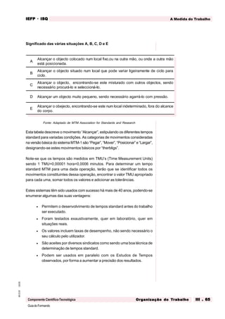 GuiadoFormando
Ut.03
M.O.01
Componente Científico-Tecnológica
A Medida do Trabalho
IEFP
IEFP
IEFP
IEFP
IEFP · ISQ
ISQ
ISQ
ISQ
ISQ
Or
Or
Or
Or
Org
g
g
g
ganização do
anização do
anização do
anização do
anização do T
T
T
T
Tr
r
r
r
ra
a
a
a
abalho
balho
balho
balho
balho III . 65
III . 65
III . 65
III . 65
III . 65
Significado das várias situações A, B, C, D e E
Fonte: Adaptado de MTM Association for Standards and Research
Esta tabela descreve o movimento “Alcançar”, estipulando os diferentes tempos
standard para variadas condições. As categorias de movimentos consideradas
na versão básica do sistema MTM-1 são “Pegar”, “Mover”, “Posicionar” e “Largar”,
designando-se estes movimentos básicos por “therbligs”.
Note-se que os tempos são medidos em TMU’s (Time Measurement Units)
sendo 1 TMU=0,00001 hora=0,0006 minutos. Para determinar um tempo
standard MTM para uma dada operação, terão que se identificar todos os
movimentos constituintes dessa operação, encontrar o valor TMU apropriado
para cada uma, somar todos os valores e adicionar as tolerâncias.
Estes sistemas têm sido usados com sucesso há mais de 40 anos, podendo-se
enumerar algumas das suas vantagens:
• Permitem o desenvolvimento de tempos standard antes do trabalho
ser executado.
• Foram testados exaustivamente, quer em laboratório, quer em
situações reais.
• Os valores incluem taxas de desempenho, não sendo necessário o
seu cálculo pelo utilizador.
• São aceites por diversos sindicatos como sendo uma boa técnica de
determinação de tempos standard.
• Podem ser usados em paralelo com os Estudos de Tempos
observados, por forma a aumentar a precisão dos resultados.
A
Alcançar o objecto colocado num local fixo,ou na outra mão, ou onde a outra mão
está posicionada.
B
Alcançar o objecto situado num local que pode variar ligeiramente de ciclo para
ciclo.
C
Alcançar o objecto, encontrando-se este misturado com outros objectos, sendo
necessário procurá-lo e seleccioná-lo.
D Alcançar um objecto muito pequeno, sendo necessário agarrá-lo com pressão.
E
Alcançar o obejecto, encontrando-se este num local indeterminado, fora do alcance
do corpo.
 