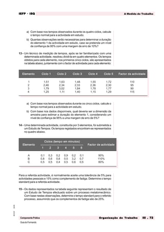 GuiadoFormando
Ut.03
M.O.01
Componente Prática
A Medida do Trabalho
IEFP
IEFP
IEFP
IEFP
IEFP · ISQ
ISQ
ISQ
ISQ
ISQ
Or
Or
Or
Or
Org
g
g
g
ganização do
anização do
anização do
anização do
anização do T
T
T
T
Tr
r
r
r
ra
a
a
a
abalho
balho
balho
balho
balho III . 72
III . 72
III . 72
III . 72
III . 72
a) Com base nos tempos observados durante os quatro ciclos, calcule
o tempo normal para a actividade em estudo.
b) Quantas observações serão necessárias para determinar a duração
do elemento 1 da actividade em estudo, caso se pretenda um nível
de confiança de 95% com uma margem de erro de 10%?
13 - Um técnico de medição de tempos, após se ter familiarizado com uma
determinada actividade, resolveu dividi-la em quatro elementos. Os tempos
obtidos para cada elemento, nos primeiros cinco ciclos, são apresentados
na tabela abaixo, juntamente com o factor de actividade para cada elemento:
a) Com base nos tempos observados durante os cinco ciclos, calcule o
tempo normal para a actividade em estudo.
b) Com base nos dados disponíveis, qual deveria ser a dimensão da
amostra para estimar a duração do elemento 1, considerando um
nível de confiança de 95% e uma margem de erro de 5%?
14 - Uma determinada actividade, constituída por 3 elementos, foi submetida a
um Estudo de Tempos. Os tempos registados encontram-se representados
no quadro abaixo.
Para a referida actividade, é normalmente aceite uma tolerância de 5% para
actividades pessoais e 15% como complemento de fadiga. Determine o tempo
standard para a referida actividade.
15 - Os dados representados na tabela seguinte representam o resultado de
um Estudo de Tempos efectuado sobre um processo metalomecânico.
Com base nestas observações, determine o tempo standard para o referido
processo, assumindo que os complementos de fadiga são de 25%.
o
t
n
e
m
e
l
E o
t
n
e
m
e
l
E o
t
n
e
m
e
l
E o
t
n
e
m
e
l
E o
t
n
e
m
e
l
E 1
o
l
c
i
C 1
o
l
c
i
C 1
o
l
c
i
C 1
o
l
c
i
C 1
o
l
c
i
C 2
o
l
c
i
C 2
o
l
c
i
C 2
o
l
c
i
C 2
o
l
c
i
C 2
o
l
c
i
C 3
o
l
c
i
C 3
o
l
c
i
C 3
o
l
c
i
C 3
o
l
c
i
C 3
o
l
c
i
C 4
o
l
c
i
C 4
o
l
c
i
C 4
o
l
c
i
C 4
o
l
c
i
C 4
o
l
c
i
C 5
o
l
c
i
C 5
o
l
c
i
C 5
o
l
c
i
C 5
o
l
c
i
C 5
o
l
c
i
C e
d
a
d
i
v
i
t
c
a
e
d
r
o
t
c
a
F e
d
a
d
i
v
i
t
c
a
e
d
r
o
t
c
a
F e
d
a
d
i
v
i
t
c
a
e
d
r
o
t
c
a
F e
d
a
d
i
v
i
t
c
a
e
d
r
o
t
c
a
F e
d
a
d
i
v
i
t
c
a
e
d
r
o
t
c
a
F
1
2
3
4
1
5
,
1
6
4
,
2
9
7
,
1
5
2
,
1
3
6
,
1
4
3
,
2
2
0
,
3
1
1
,
1
8
4
,
1
3
3
,
2
4
8
,
1
0
4
,
1
5
5
,
1
6
3
,
2
8
7
,
1
5
1
,
1
2
7
,
1
0
3
,
2
7
7
,
1
9
2
,
1
0
1
1
5
9
0
9
5
1
1
o
t
n
e
m
e
l
E o
t
n
e
m
e
l
E o
t
n
e
m
e
l
E o
t
n
e
m
e
l
E o
t
n
e
m
e
l
E
)
s
o
t
u
n
i
m
m
e
o
p
m
e
t
(
s
o
l
c
i
C )
s
o
t
u
n
i
m
m
e
o
p
m
e
t
(
s
o
l
c
i
C )
s
o
t
u
n
i
m
m
e
o
p
m
e
t
(
s
o
l
c
i
C )
s
o
t
u
n
i
m
m
e
o
p
m
e
t
(
s
o
l
c
i
C )
s
o
t
u
n
i
m
m
e
o
p
m
e
t
(
s
o
l
c
i
C
e
d
a
d
i
v
i
t
c
a
e
d
r
o
t
c
a
F e
d
a
d
i
v
i
t
c
a
e
d
r
o
t
c
a
F e
d
a
d
i
v
i
t
c
a
e
d
r
o
t
c
a
F e
d
a
d
i
v
i
t
c
a
e
d
r
o
t
c
a
F e
d
a
d
i
v
i
t
c
a
e
d
r
o
t
c
a
F
1
1
1
1
1 2
2
2
2
2 3
3
3
3
3 4
4
4
4
4 5
5
5
5
5 6
6
6
6
6
A
B
C
1
,
0
8
,
0
5
,
0
3
,
0
6
,
0
5
,
0
2
,
0
8
,
0
4
,
0
9
,
0
5
,
0
5
,
0
2
,
0
2
,
3
6
,
0
1
,
0
7
,
0
5
,
0
%
0
9
%
0
1
1
%
0
8
 