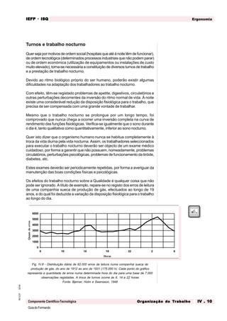 GuiadoFormando
Ut.04
M.O.01
Componente Científico-Tecnológica
Ergonomia
IEFP
IEFP
IEFP
IEFP
IEFP · ISQ
ISQ
ISQ
ISQ
ISQ
Or
Or
Or
Or
Org
g
g
g
ganização do
anização do
anização do
anização do
anização do T
T
T
T
Tr
r
r
r
ra
a
a
a
abalho
balho
balho
balho
balho IV . 10
IV . 10
IV . 10
IV . 10
IV . 10
Turnos e trabalho nocturno
Quer sejapor motivosdeordemsocial(hospitaisqueatéànoitetêm defuncionar),
de ordem tecnológica (determinados processos industriais que não podem parar)
ou de ordem económica (utilização de equipamentos ou instalações de custo
muito elevado), torna-se necessária a constituição de diversos turnos de trabalho
e a prestação de trabalho nocturno.
Devido ao ritmo biológico próprio do ser humano, poderão existir algumas
dificuldades na adaptação dos trabalhadores ao trabalho nocturno.
Com efeito, têm-se registado problemas de apetite, digestivos, circulatórios e
outras perturbações decorrentes da inversão do ritmo normal de vida. À noite
existe uma considerável redução da disposição fisiológica para o trabalho, que
precisa de ser compensada com uma grande vontade de trabalhar.
Mesmo que o trabalho nocturno se prolongue por um longo tempo, foi
comprovado que nunca chega a ocorrer uma inversão completa na curva de
rendimento das funções fisiológicas. Verifica-se igualmente que o sono durante
o dia é, tanto qualitativa como quantitativamente, inferior ao sono nocturno.
Quer isto dizer que o organismo humano nunca se habitua completamente à
troca da vida diurna pela vida nocturna. Assim, os trabalhadores seleccionados
para executar o trabalho nocturno deverão ser objecto de um exame médico
cuidadoso, por forma a garantir que não possuem, nomeadamente, problemas
circulatórios, perturbações psicológicas, problemas de funcionamento da tiróide,
diabetes, etc.
Estes exames deverão ser periodicamente repetidas, por forma a averiguar da
manutenção das boas condições físicas e psicológicas.
Os efeitos do trabalho nocturno sobre a Qualidade é qualquer coisa que não
pode ser ignorado. A título de exemplo, repare-se no registo dos erros de leitura
de uma companhia sueca de produção de gás, efectuados ao longo de 19
anos, e do qual foi deduzida a variação da disposição fisiológica para o trabalho
ao longo do dia.
Fig. IV.8 - Distribuição diária de 62.000 erros de leitura numa companhia sueca de
produção de gás, do ano de 1912 ao ano de 1931 (175.000 h). Cada ponto do gráfico
representa a quantidade de erros numa determinada hora do dia para uma base de 7.000
observações registadas. A troca de turnos ocorre às 6, 14 e 22 horas
Fonte: Bjerner, Holm e Swensson, 1948
Horas
Quant.
de
erros
0
1000
2000
3000
4000
5000
6000
6 10 14 18 22 2 6
 