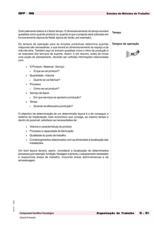 GuiadoFormando
Ut.02
M.O.01
Componente Científico-Tecnológica
Estudos de Métodos de Trabalho
IEFP
IEFP
IEFP
IEFP
IEFP · ISQ
ISQ
ISQ
ISQ
ISQ
Or
Or
Or
Or
Org
g
g
g
ganização do
anização do
anização do
anização do
anização do T
T
T
T
Tr
r
r
r
ra
a
a
a
abalho
balho
balho
balho
balho II . 51
II . 51
II . 51
II . 51
II . 51
Outro elemento básico é o factor tempo. O dimensionamento do tempo envolve
questões como quando produzir ou quando é que o projecto será colocado em
funcionamento (época do Natal, época de Verão, por exemplo).
Os tempos de operação para as funções produtivas determina quantas
máquinas são necessárias, o que levará ao dimensionamento do espaço e da
mão-de-obra. Também aqui se incluem questões como o ritmo de produção e
as respostas dos serviços de suporte. Assim, e em resumo, antes de iniciar
uma acção de planeamento, deverão ser colhidas informações relacionadas
com:
• O Produto - Material - Serviço
• O que se vai produzir?
• Quantidade - Volume
• Quanto se vai fabricar?
• Processo
• Como se vai produzir?
• Serviço de Apoio
• Em que serviços se apoiará a produção?
• Tempo
• Quando se efectuará a produção?
O objectivo da determinação de um determinado layout é o de conseguir o
sistema de implantação mais económico que consiga, ao mesmo tempo e
dentro do possível, satisfazer as necessidades de:
• Volume e características do produto
• Processo e capacidade de fabricação
• Qualidade do posto de trabalho
• Constrangimentos relacionados com as dimensões e localização das
instalações.
Um bom layout deverá, assim, considerar a localização de determinados
processos(porexemplo,fundição,fresagemepintura),oequipamentonecessário
e respectivas áreas de trabalho, incluindo áreas administrativas e de
armazenagem.
Tempos de operação
Tempo
 