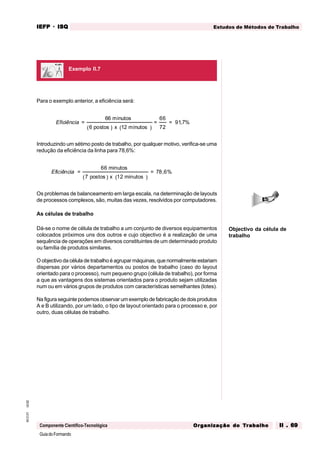 GuiadoFormando
Ut.02
M.O.01
Componente Científico-Tecnológica
Estudos de Métodos de Trabalho
IEFP
IEFP
IEFP
IEFP
IEFP · ISQ
ISQ
ISQ
ISQ
ISQ
Or
Or
Or
Or
Org
g
g
g
ganização do
anização do
anização do
anização do
anização do T
T
T
T
Tr
r
r
r
ra
a
a
a
abalho
balho
balho
balho
balho II . 69
II . 69
II . 69
II . 69
II . 69
Para o exemplo anterior, a eficiência será:
( ) ( )
Eficiência ,
= = =
66 minutos
6 postos x 12 minutos
66
72
917%
Introduzindo um sétimo posto de trabalho, por qualquer motivo, verifica-se uma
redução da eficiência da linha para 78,6%:
( ) ( )
Eficiência ,
= =
66 minutos
7 postos x 12 minutos
78 6%
Os problemas de balanceamento em larga escala, na determinação de layouts
de processos complexos, são, muitas das vezes, resolvidos por computadores.
As células de trabalho
Dá-se o nome de célula de trabalho a um conjunto de diversos equipamentos
colocados próximos uns dos outros e cujo objectivo é a realização de uma
sequência de operações em diversos constituintes de um determinado produto
ou família de produtos similares.
O objectivo da célula de trabalho é agrupar máquinas, que normalmente estariam
dispersas por vários departamentos ou postos de trabalho (caso do layout
orientado para o processo), num pequeno grupo (célula de trabalho), por forma
a que as vantagens dos sistemas orientados para o produto sejam utilizadas
num ou em vários grupos de produtos com características semelhantes (lotes).
Na figura seguinte podemos observar um exemplo de fabricação de dois produtos
A e B utilizando, por um lado, o tipo de layout orientado para o processo e, por
outro, duas células de trabalho.
Exemplo II.7
Objectivo da célula de
trabalho
 
